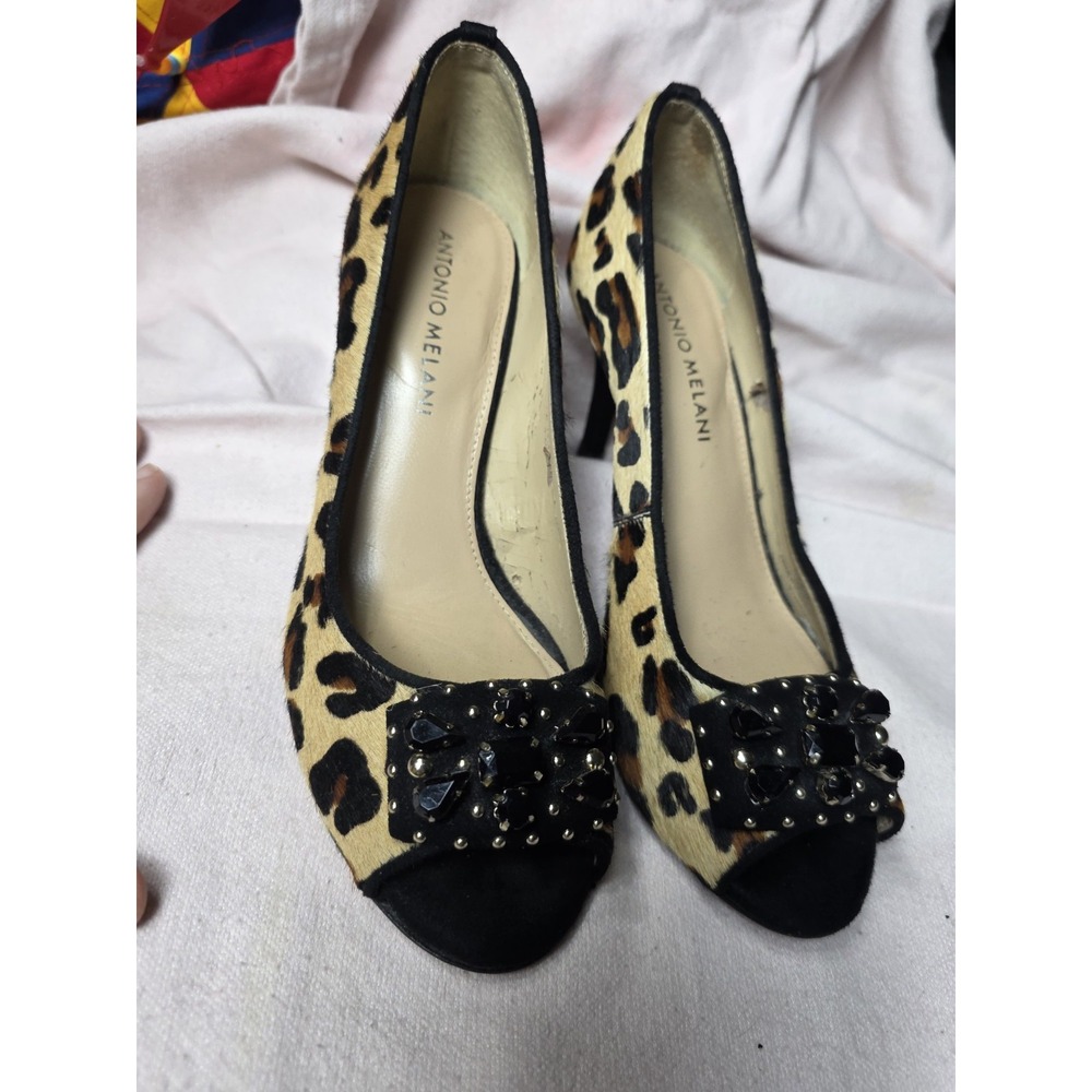 Antonio Melani Kayden Leopard Calf Hair Jeweled Peep Toe Heels Pumps 6M
